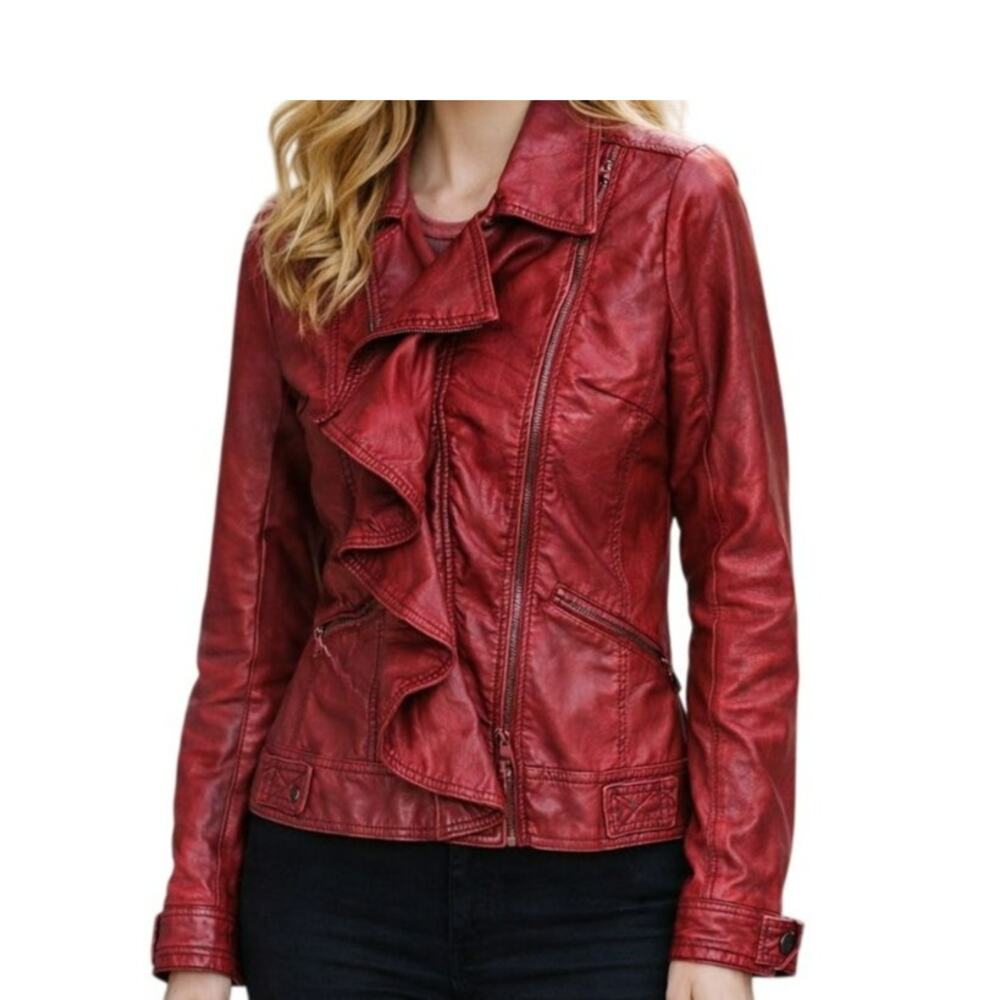 Y2K Jolt Red Ruffle Faux Leather Pleather Biker Jacket Coat Womens Medium